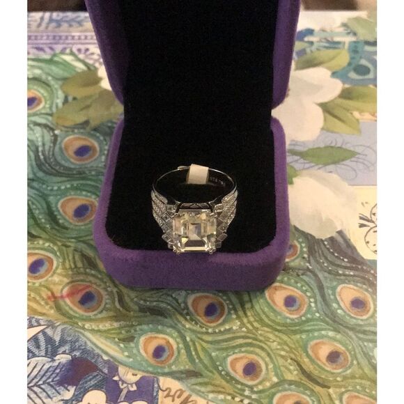 Gorgeous 9.42 Emerald Cut Four Row Wide Sim Diamond Cocktail Ring Sz 9 - Picture 1 of 4